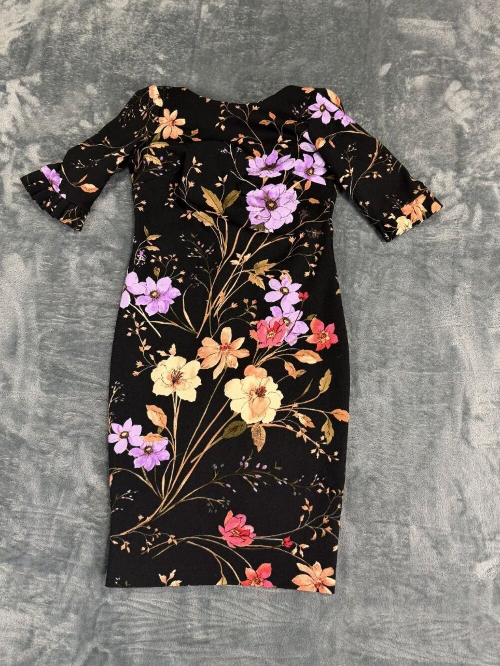 Calvin Klein Floral Black Midi Dress With Ruffle Sleeves 0